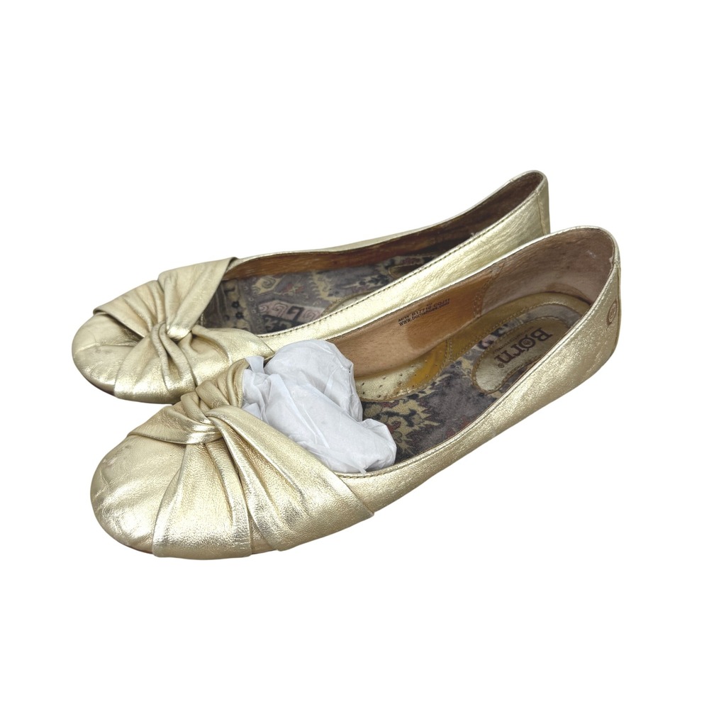 Born Gold Metallic Leather Knotted Ballet Flats Womens 8.5 Fairy Regency Slip On